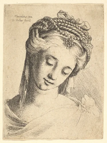 Bust of a young woman with elaborate headdress, looking down. by Wenceslaus Hollar, print, 1645