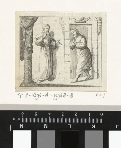 Man ontvangt bezoeker bij de deur by Jan Luyken, print, 1678-1699