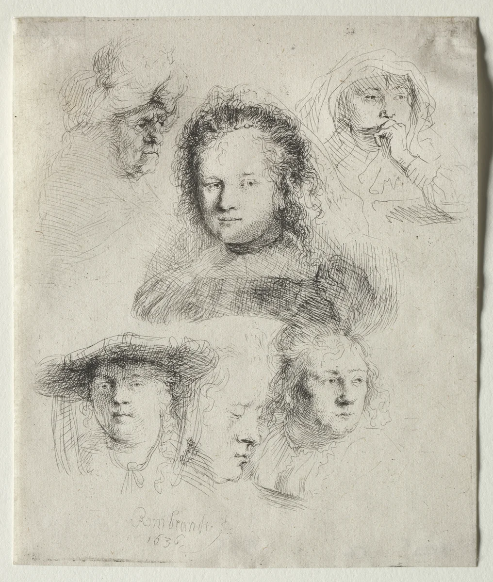 Studies of the Head of Saskia and Others by Rembrandt van Rijn, print, 1636
