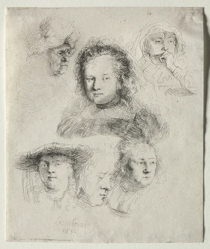 Studies of the Head of Saskia and Others by Rembrandt van Rijn, print, 1636