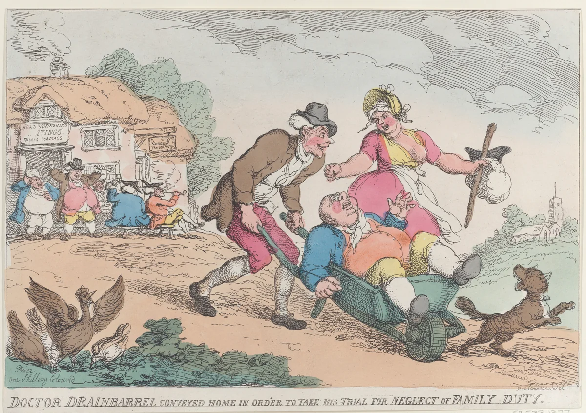 Doctor Drainbarrel Conveyed Home in order to Take His Trial for Neglect of Family Duty by Thomas Rowlandson, print, 1810