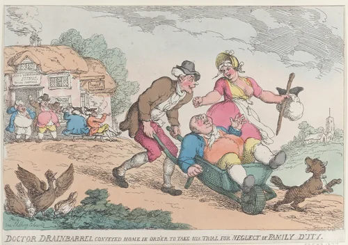 Doctor Drainbarrel Conveyed Home in order to Take His Trial for Neglect of Family Duty by Thomas Rowlandson, print, 1810