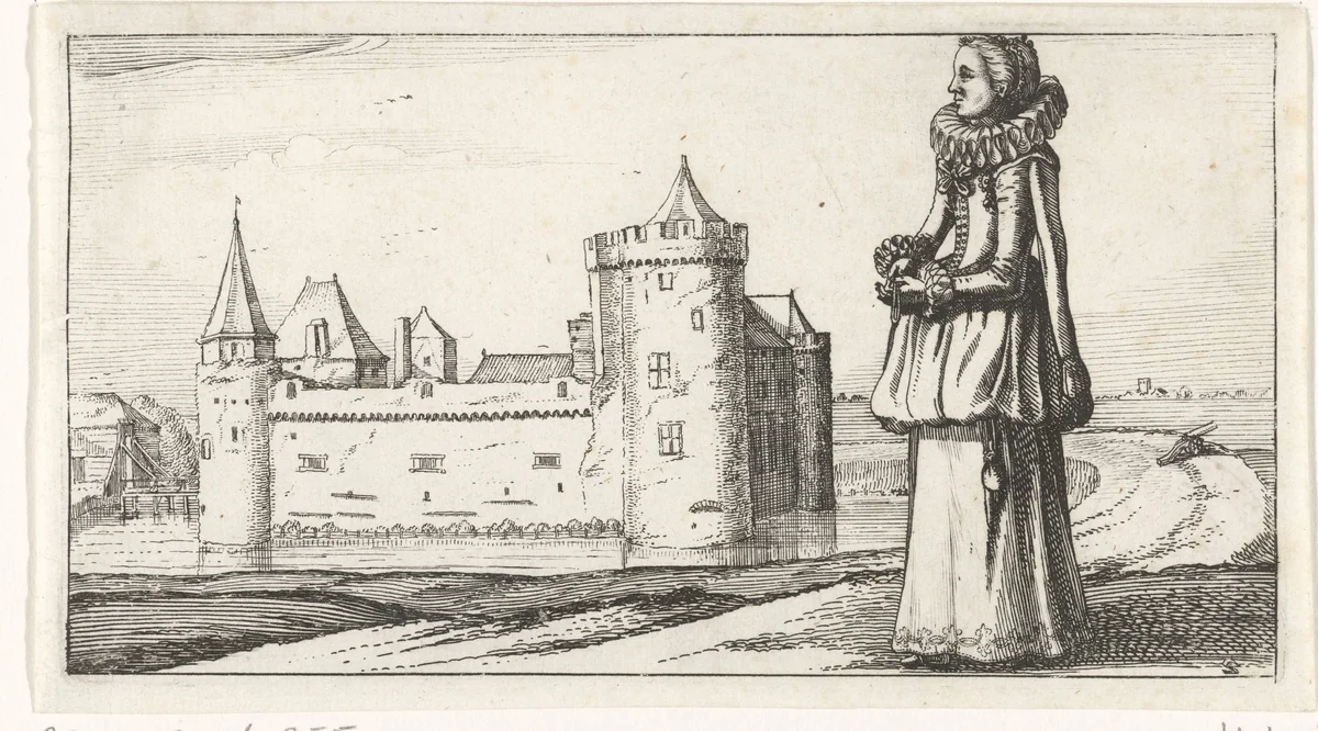 Vrouw met plooikraag voor het Muiderslot by Dirk Eversen Lons, print, 1622