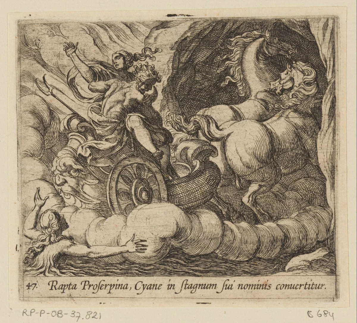 Pluto voert Proserpina langs de nimf Cyane by Antonio Tempesta, print, 1606