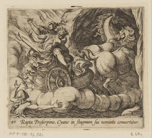 Pluto voert Proserpina langs de nimf Cyane by Antonio Tempesta, print, 1606