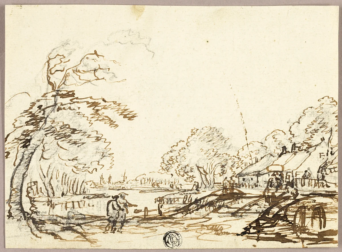 Two Figures along River near Bridges and Houses (recto); Two Figures on Bridge Looking at Man in Punt (verso) by Unknown Artist, drawing, 1700-1799