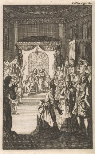 Don Clarazel met een Moorse vrouw betrapt door de binnentredende gasten van de Markies d'Artigny by Caspar Luyken, print, 1697