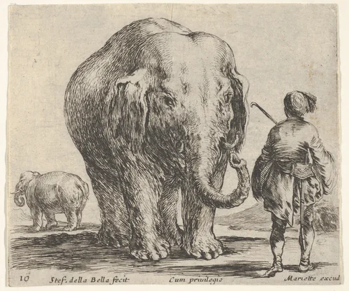 Plate 16: an elephant in center, his mahout standing to the right wearing an Oriental costume, another elephant to left in background, from "Diversi Capricci" by Stefano della Bella, print, 1644-1647