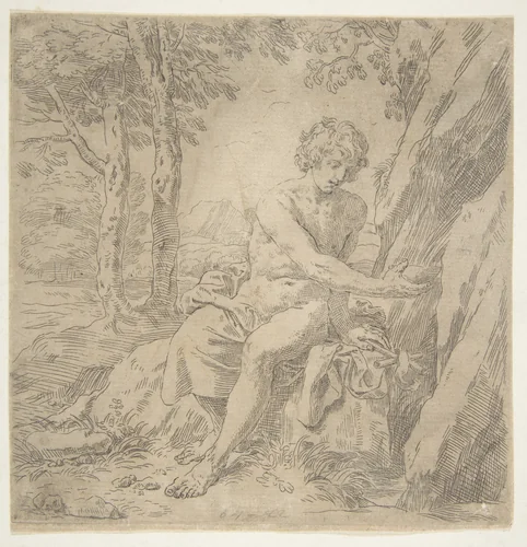 Saint John the Baptist in the desert by Simone Cantarini, print, 1632-1642
