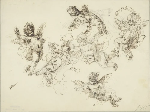 Zes zwevende engeltjes met bloemenkransen by Giuseppe Bernardino Bison, drawing, 1772-1844