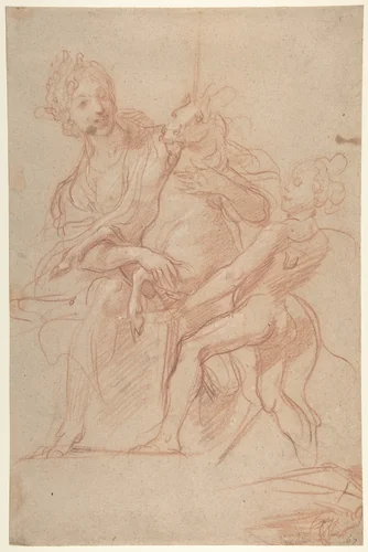 Allegorical Figure of Purity with a Unicorn and Putto (recto); Study of a Nude Boy (verso) by Baldassarre Franceschini, drawing, 1642