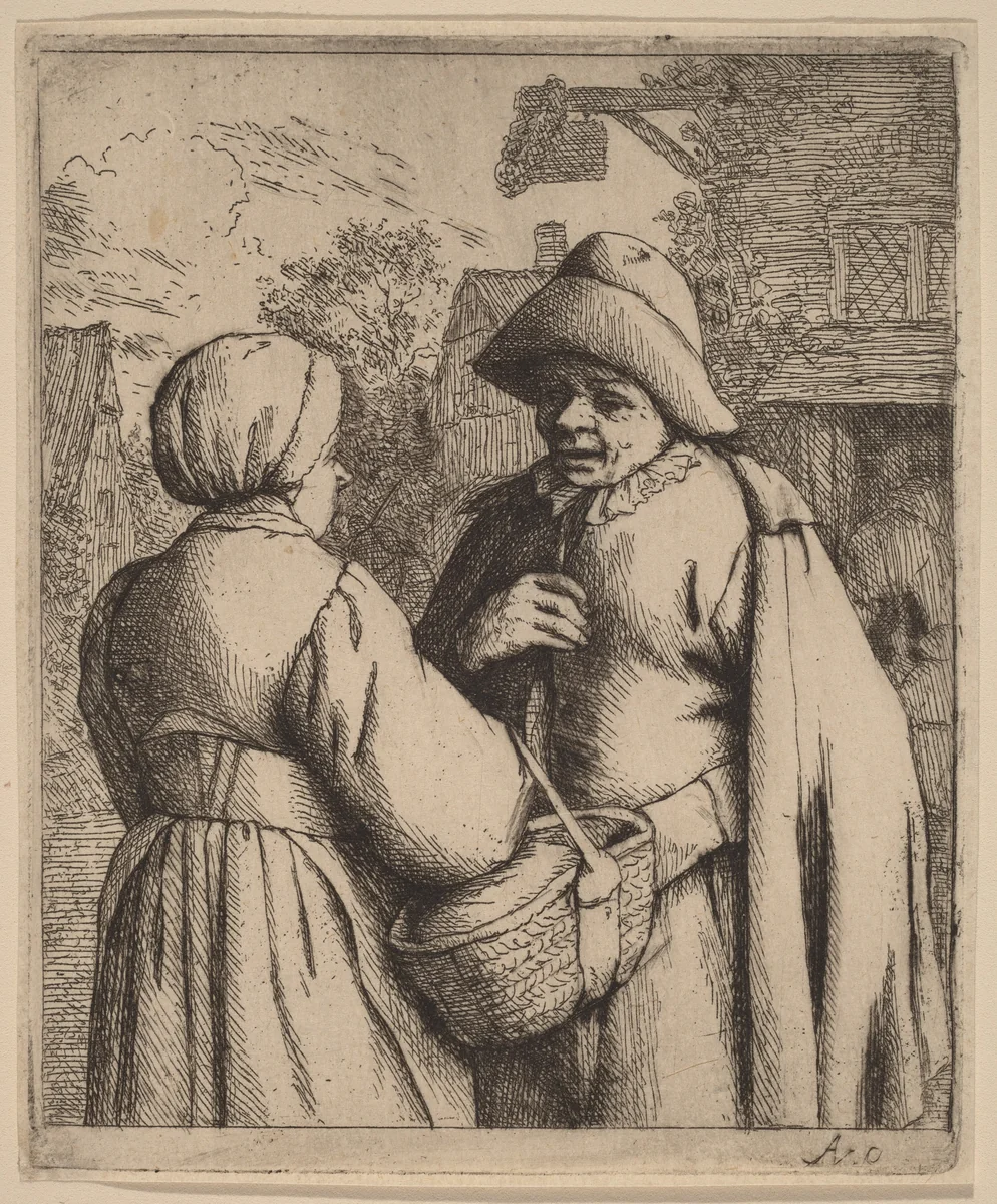 Man and Woman Conversing in Front of an Inn by Adriaen van Ostade, print, 1666-1676