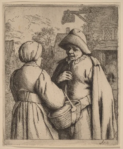 Man and Woman Conversing in Front of an Inn by Adriaen van Ostade, print, 1666-1676