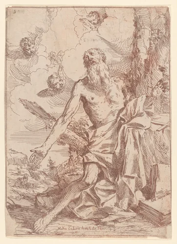 Saint Jerome kneeling beside a tree with his arms outstretched by Giulio Carpioni, print, 1640-1660