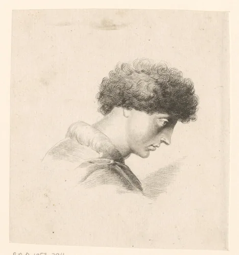 Hoofd van man met krullen, in profiel naar rechts by Thomas Worlidge, print, 1710-1766