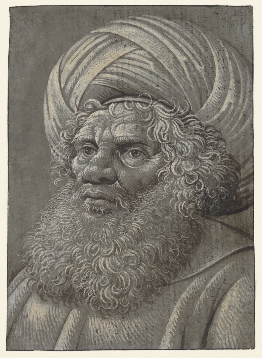 Head of a Bearded Man Wearing a Turban (recto); Latin script (verso) by Master of the Death of Absalom, drawing, 1507-1513