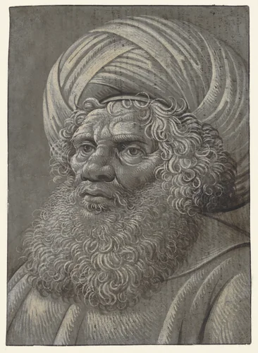 Head of a Bearded Man Wearing a Turban (recto); Latin script (verso) by Master of the Death of Absalom, drawing, 1507-1513