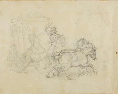 A Stagecoach Drawn by Five Horses by Jean Louis André Théodore Géricault, drawing, 1818-1819