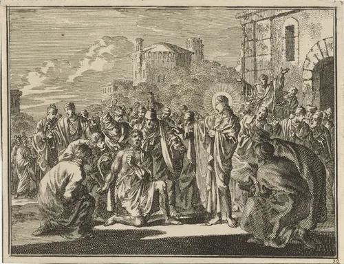 Christus geneest een bezeten man voor het oog van de Farizeeën en schriftgeleerden by Jan Luyken, print, 1712