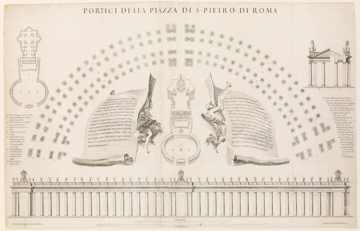 Portici della piazza di S. Pietro di Roma. Plate 44 from the Album 'Basilica di S. Pietro in Vaticano' by Giovanni Battista Bonacina, print, 1656-1667