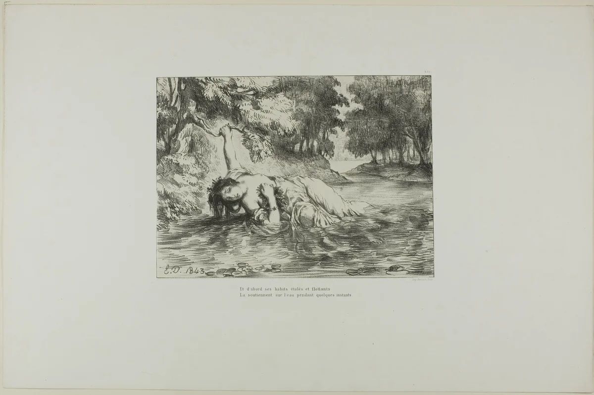 Ophelia's Death, plate 13 from Hamlet by Eugène Delacroix, print, 1843