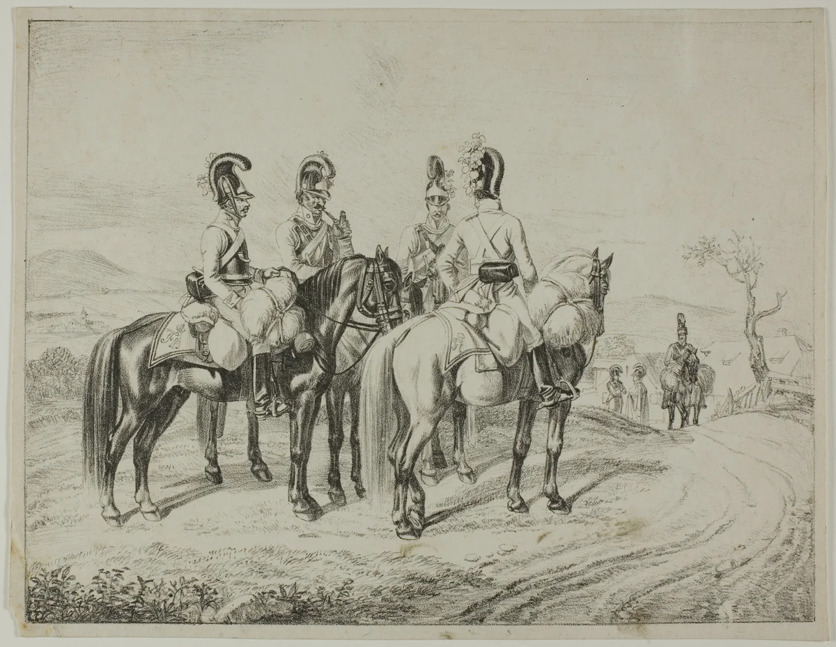 Four Cuirassiers on an Incline by Johann Christoph Erhard, print, 1818