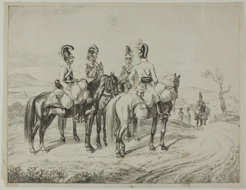 Four Cuirassiers on an Incline by Johann Christoph Erhard, print, 1818