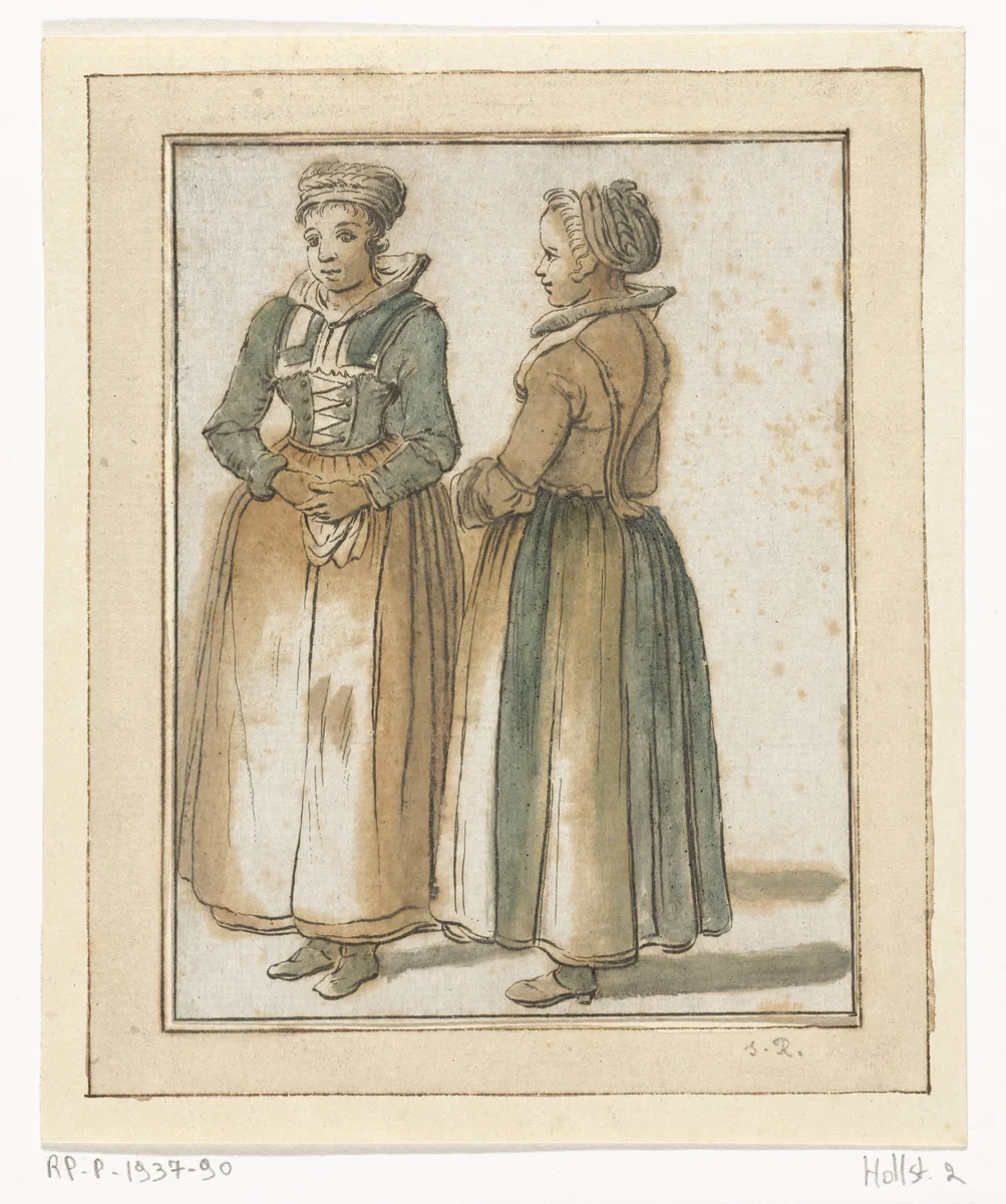 Twee staande vrouwen by Hendrik Busserus, print, 1711-1781