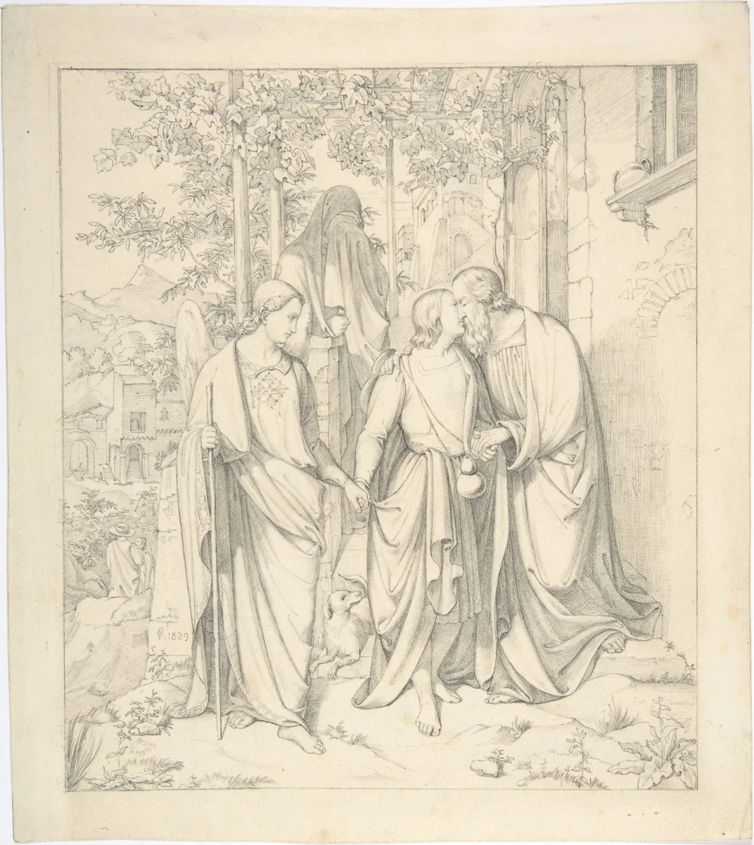 Tobias Takes Leave of his Father by Carl Gottlieb Peschel, drawing, 1829