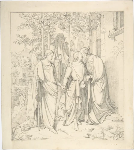 Tobias Takes Leave of his Father by Carl Gottlieb Peschel, drawing, 1829