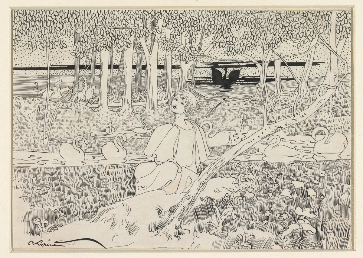 Zich omdraaiende vrouw, zittend aan een water met zwanen by C. Lapine, drawing, 1895-1900