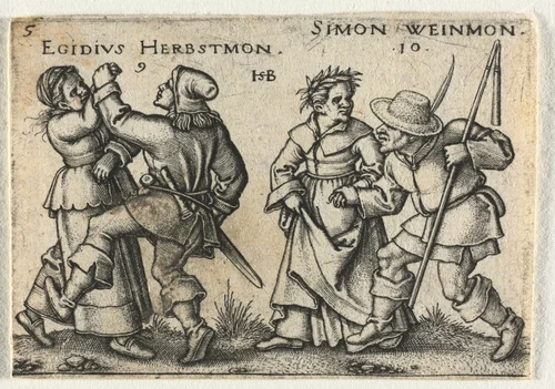 The Peasant Wedding or the Twelve Months: 9-Egidius Herbstmon 10-Simon Weinmon by Hans Sebald Beham, print, 1546