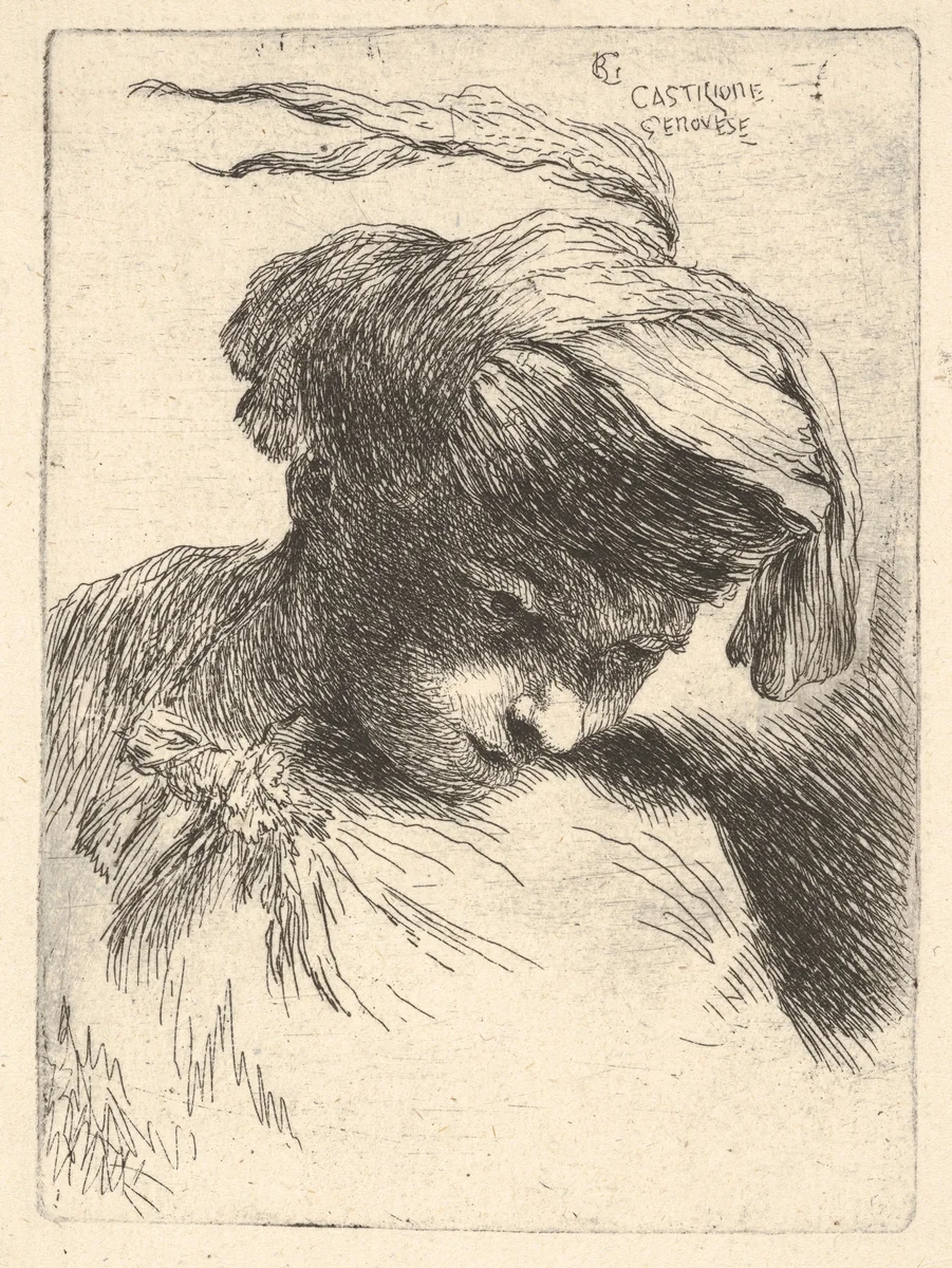 Young man looking down to right, from "'Small Heads in Oriental Headdress" by Giovanni Benedetto Castiglione, print, 1640-1655