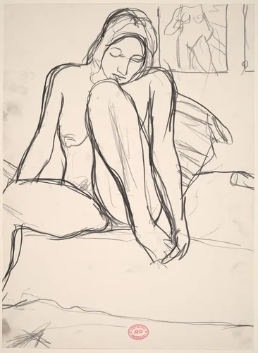 Untitled [seated nude examining her left foot] by Richard Diebenkorn, drawing, 1955-1967