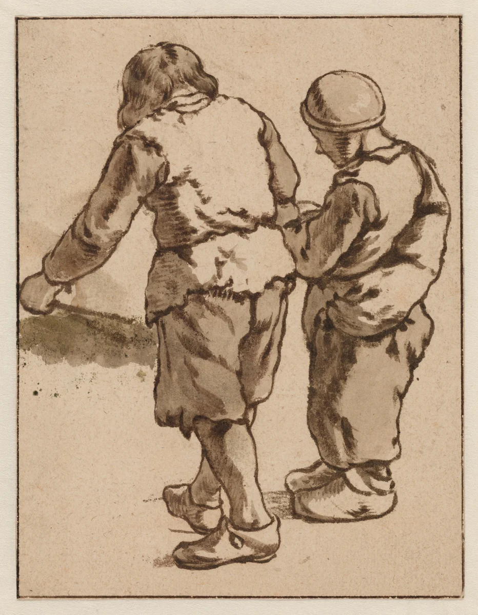 Two Boys Standing with Backs Turned by Karel Dujardin, print, 1659