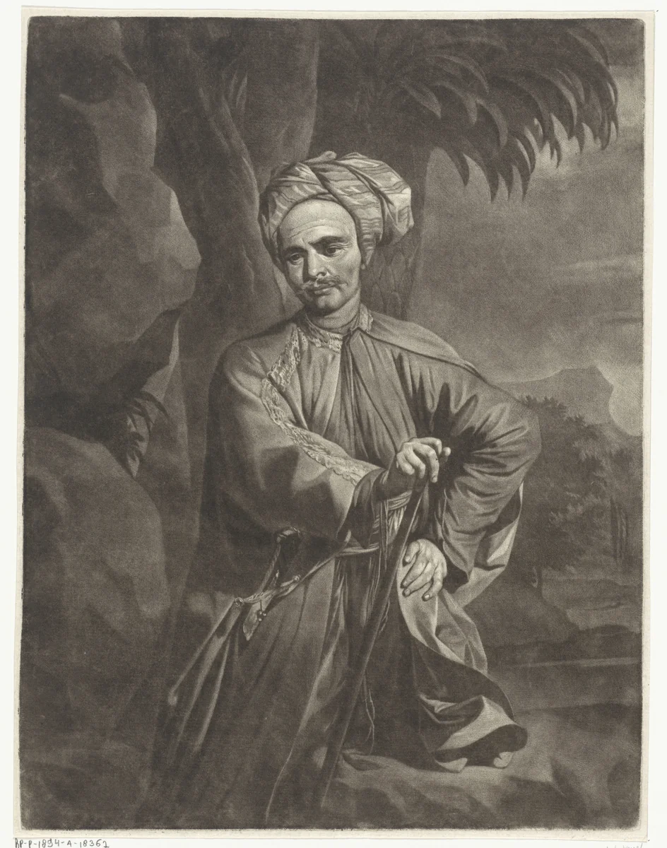 Portret van een Oosterling met een tulband by Arnout Rentinck, print, 1722-1775