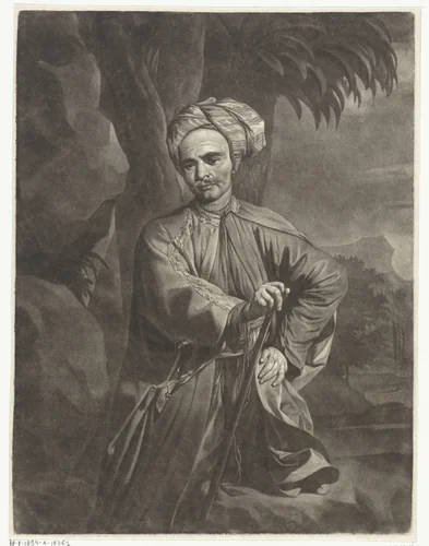 Portret van een Oosterling met een tulband by Arnout Rentinck, print, 1722-1775