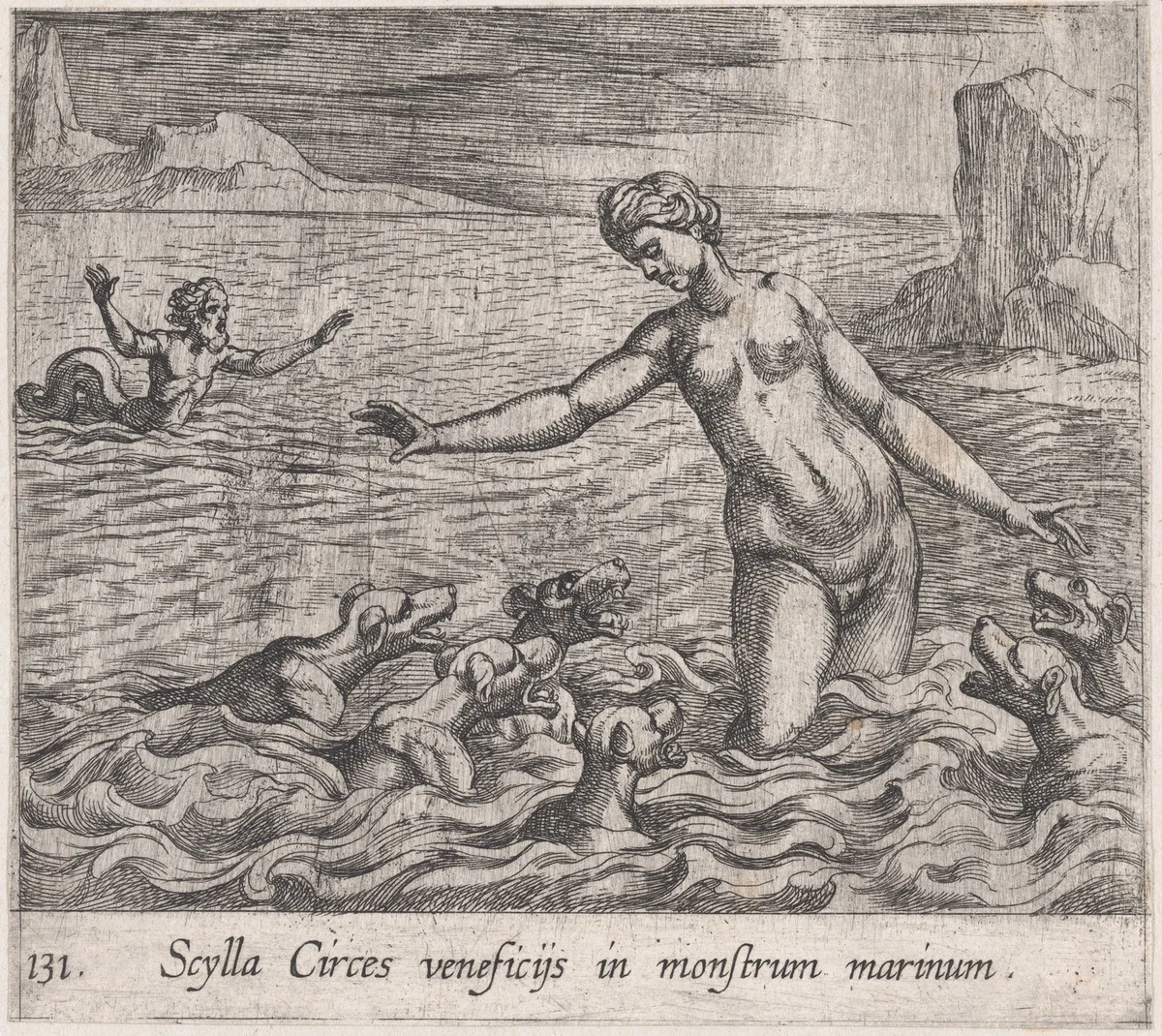 Plate 131: Scylla Changed by Circe's Spell (Scylla Circes veneficÿs in monstrum marinum), from Ovid's 'Metamorphoses' by Antonio Tempesta, print, 1606