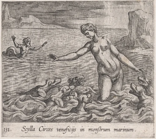 Plate 131: Scylla Changed by Circe's Spell (Scylla Circes veneficÿs in monstrum marinum), from Ovid's 'Metamorphoses' by Antonio Tempesta, print, 1606