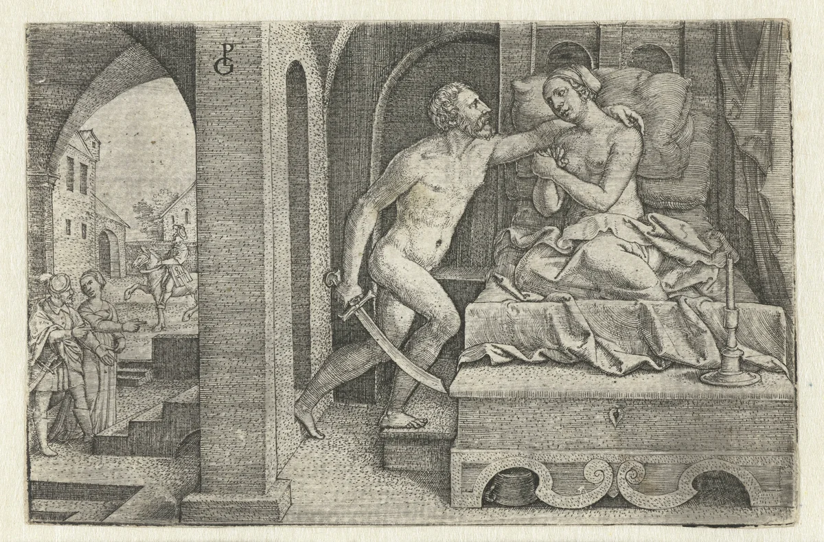 Sextus verkracht Lucretia onder bedreiging met zwaard by Unknown, print, 1546-1547