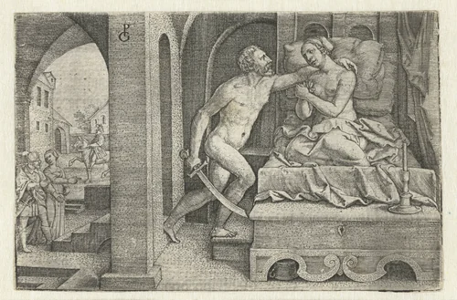 Sextus verkracht Lucretia onder bedreiging met zwaard by Unknown, print, 1546-1547
