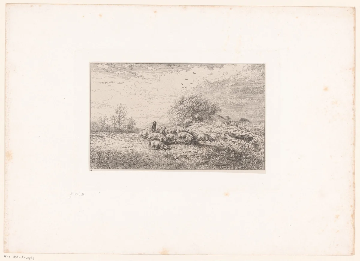 Boer met kudde varkens in een landschap by Charles Emile Jacque, print, 1845
