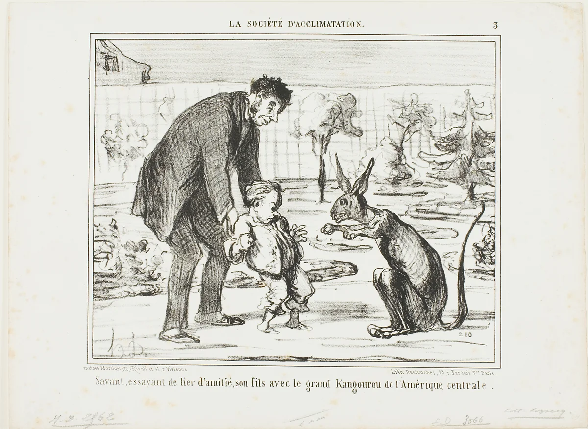 A Scientist Trying to Befriend His Son with a Great Kangaroo from Central America, plate 3 from La Société D'acclimatation by Honoré-Victorin Daumier, print, 1858