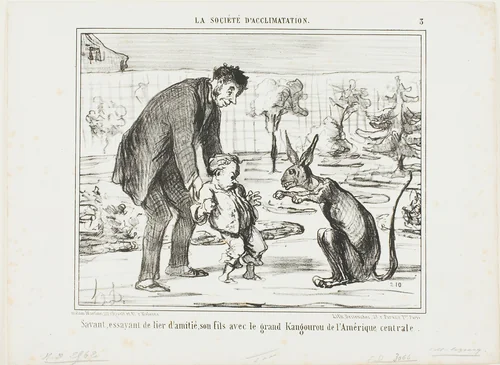 A Scientist Trying to Befriend His Son with a Great Kangaroo from Central America, plate 3 from La Société D'acclimatation by Honoré-Victorin Daumier, print, 1858