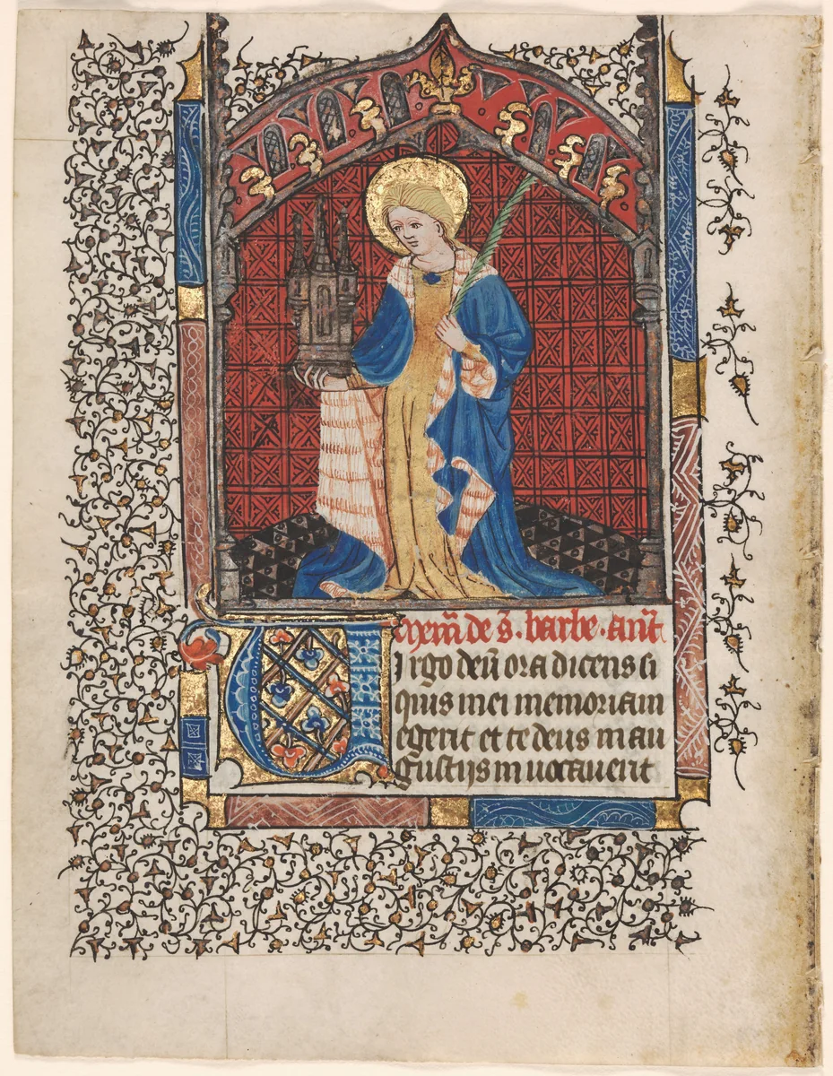 Leaf from a Book of Hours: St. Barbara (6 of 6 Excised Leaves) by Henri d'Orquevaulx, manuscript, 1415-1435