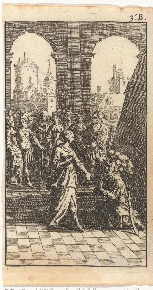 Soldaat knielt voor een vrouw in een loggia by Abraham Dircksz. Santvoort, print, 1667