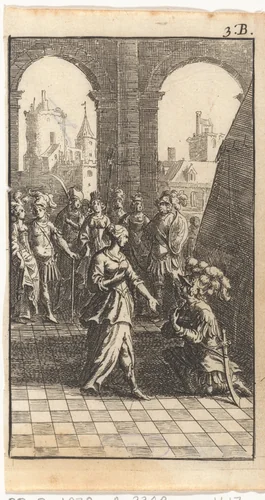 Soldaat knielt voor een vrouw in een loggia by Abraham Dircksz. Santvoort, print, 1667
