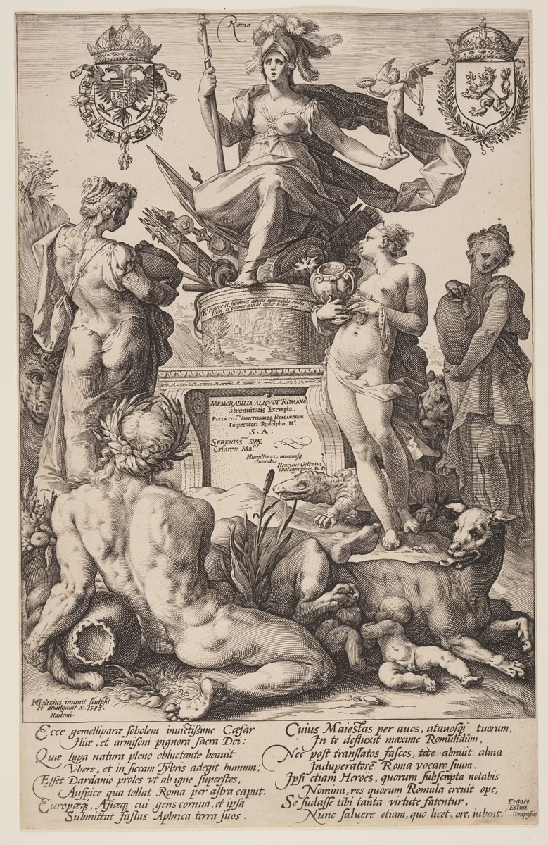 Allegory of Rome, title plate from The Roman Heroes by Hendrick Goltzius, print, 1586