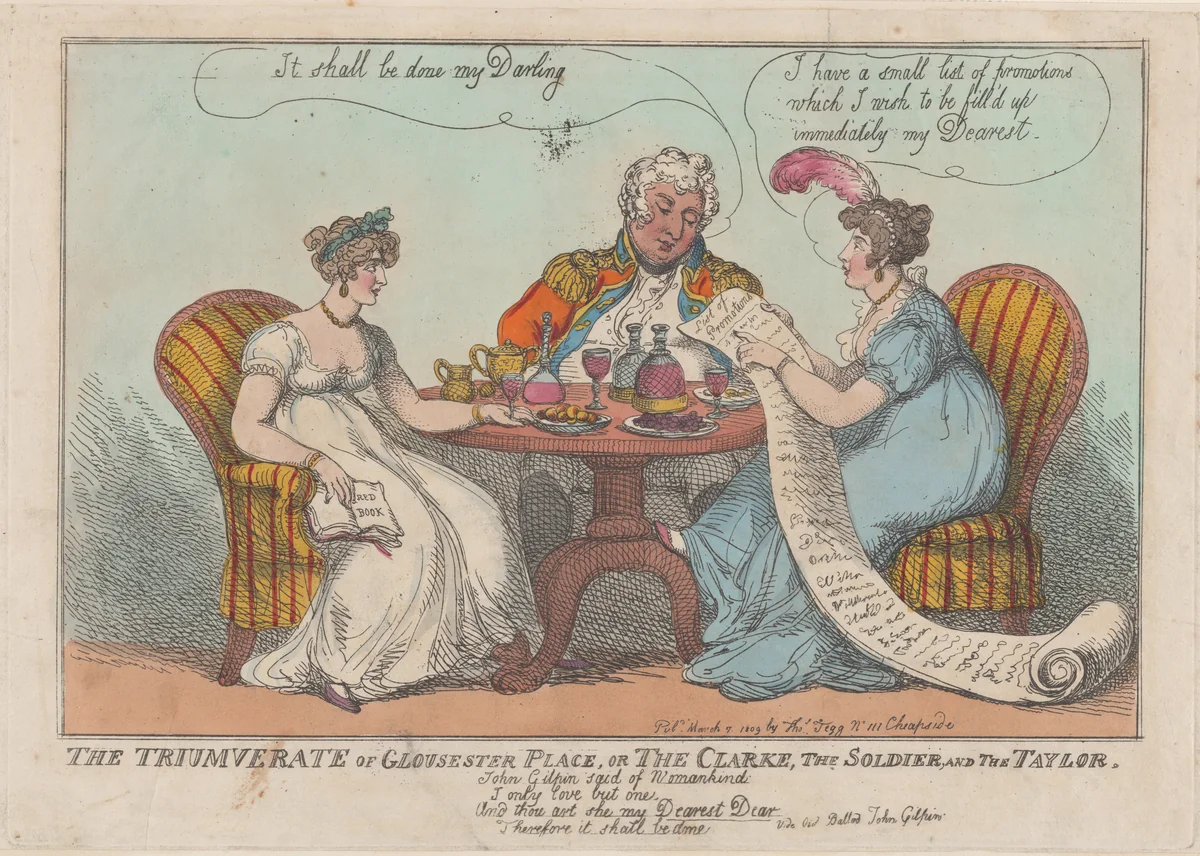 The Triumverate of Gloucester Place, or The Clarke, The Soldier, and The Taylor by Thomas Rowlandson, print, 1809