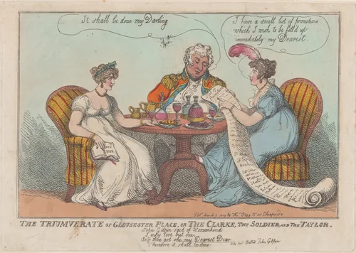 The Triumverate of Gloucester Place, or The Clarke, The Soldier, and The Taylor by Thomas Rowlandson, print, 1809